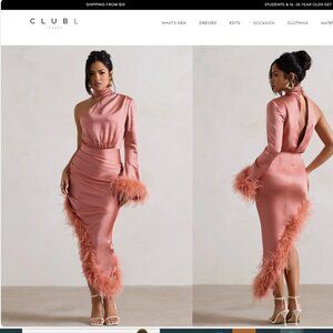 CLUB LONDON DOLCE Coral Satin Asymmetric One Sleeve Maxi Dress With Feather Trim